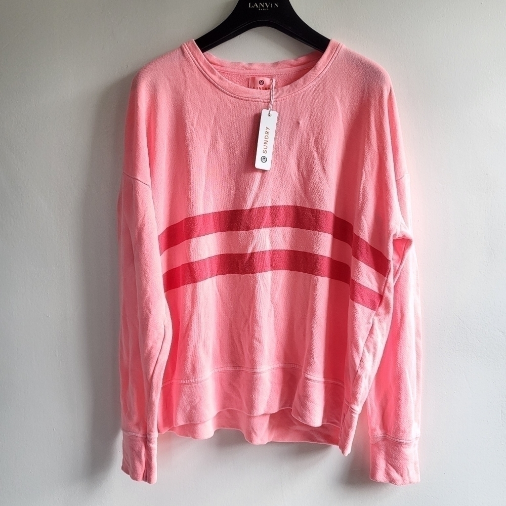 New Sundry Striped Pullover Crewneck Long Sleeve Pink Sweatshirt NWT Size 0/XS